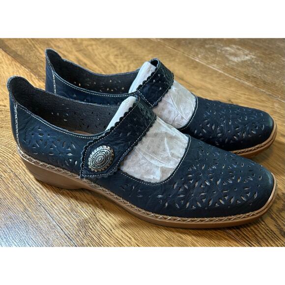 Rieker Blue Cutout Leather Mary Jane Comfort Shoe Anti Stress EU Sz 42 US 10.5 - Picture 1 of 9